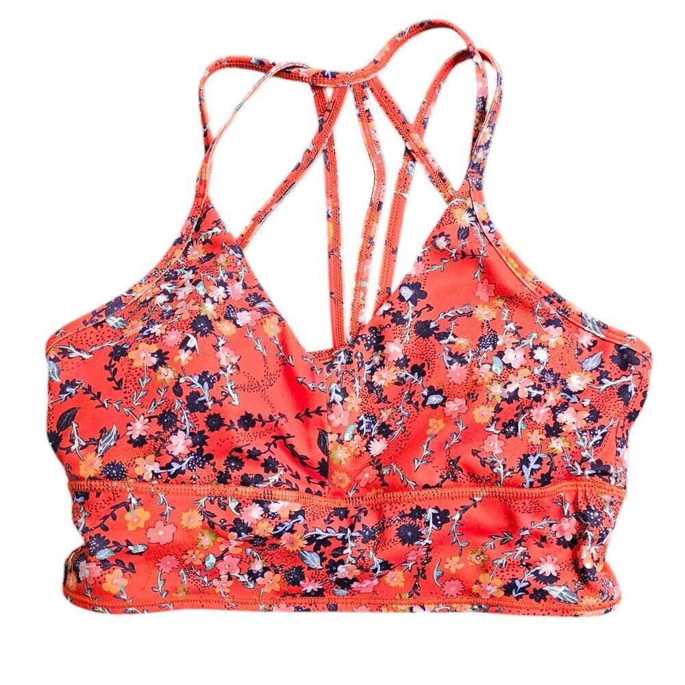 Born Primitive Floral Strappy Back Sports Bra, V-Neck, Red, Athletic, Size Small